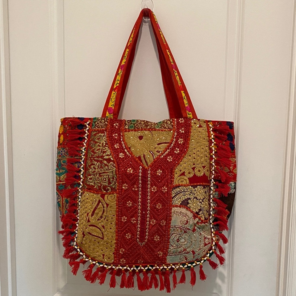 Embellished Red Patchwork Tote Bag with Tassels